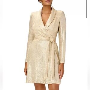 Adrianna Papell Metallic Jersey Short Wrap Tuxedo Dress In Gold Women’s 12 New
